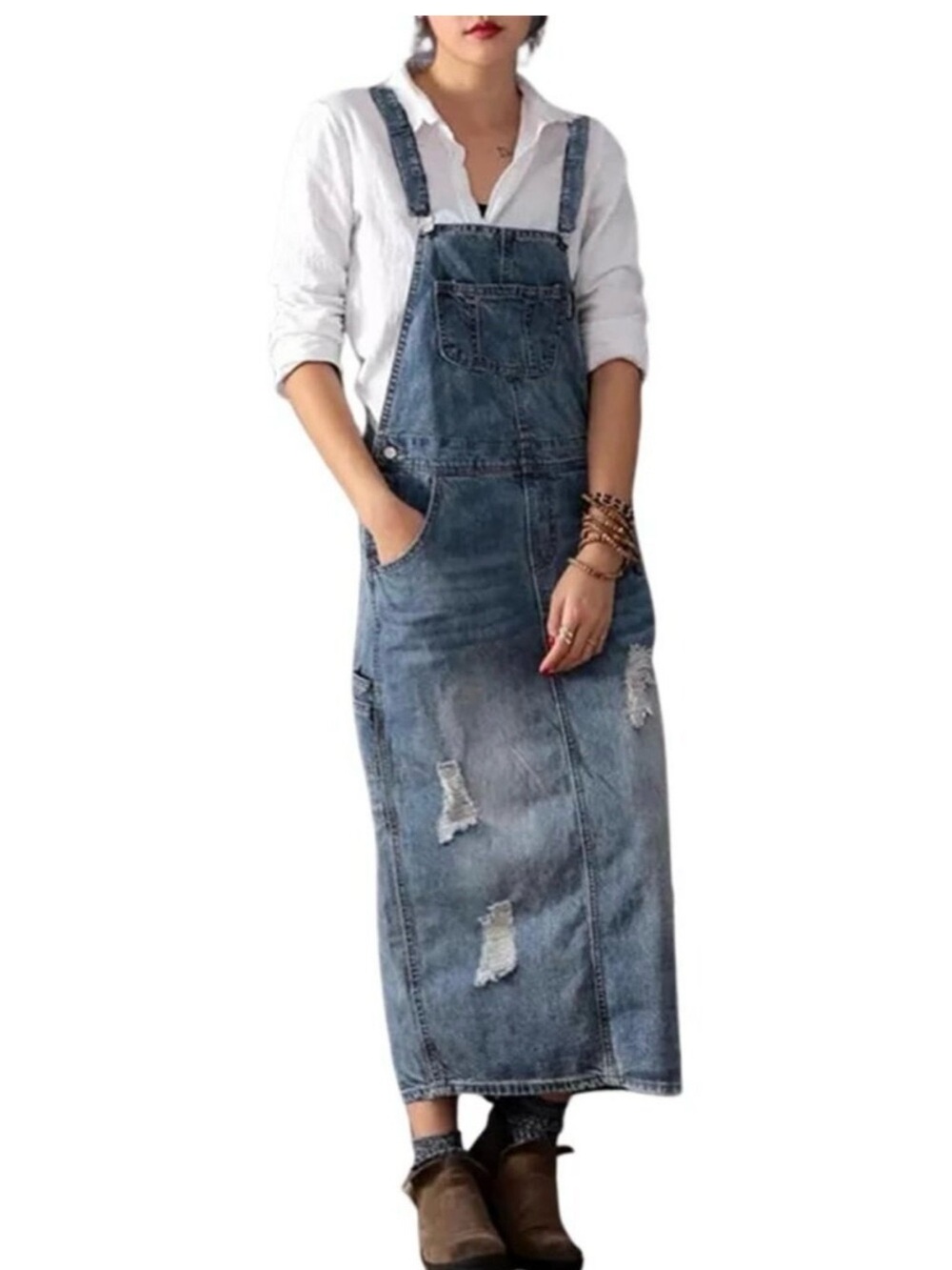 Distressed Denim Overall Dress - Dark Blue